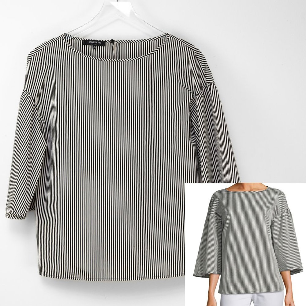 Lafayette 148 Gwendolyn Blouse 100% Cotton Chatham Stripe Black White Size Small